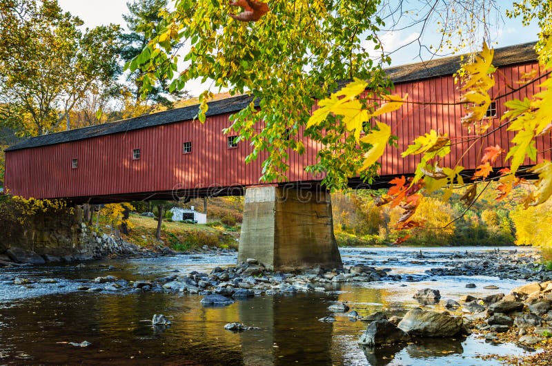 Traditional Red Covered Bridge in Autumn