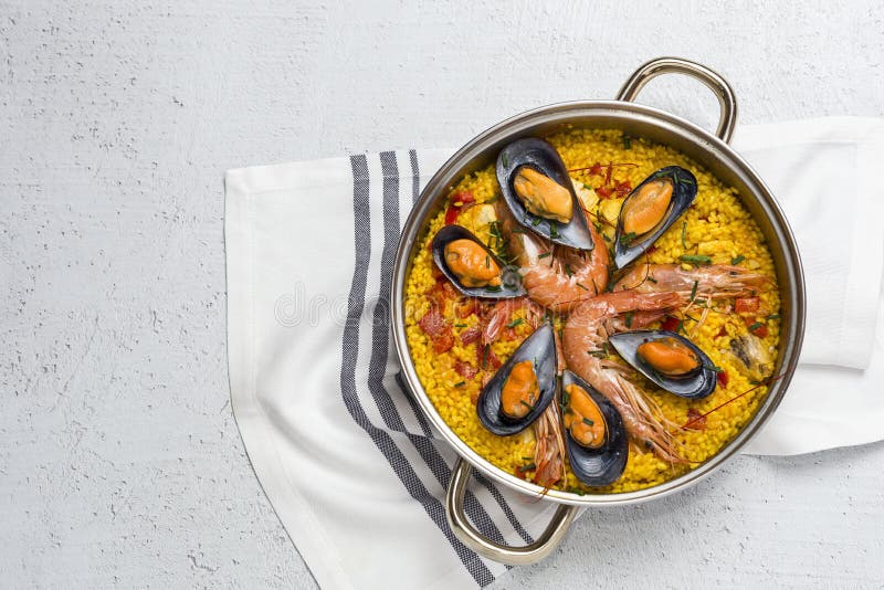 Traditional Rice in Paella with Fish and Meat. Stock Image Image of