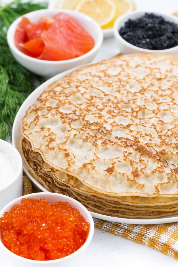 Traditional Crepes with Fish, Sour Cream and Caviar, Top View Stock