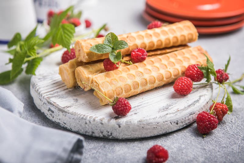 Traditional Russian Dessert. Homemade Wafer Cones with Cream of Sweet ...