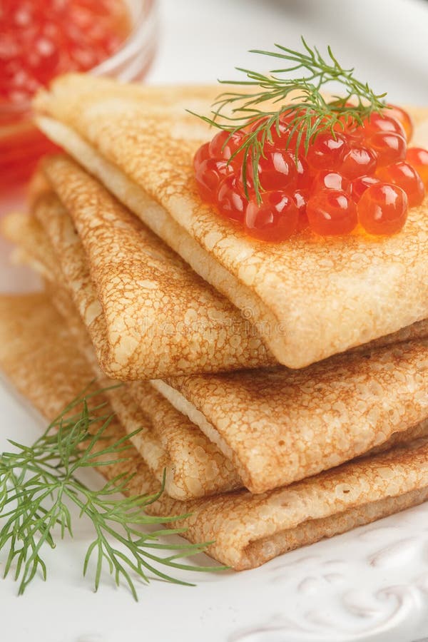 Traditional Russian Pancakes Blini with Salmon Caviar Stock Photo ...