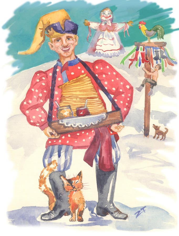 Traditional Russian Shrovetide. Hand painted watercolor image: buffoon, stuffed animal of winter, Russian woman, pancakes, honey, cat, dog, jam author`s work