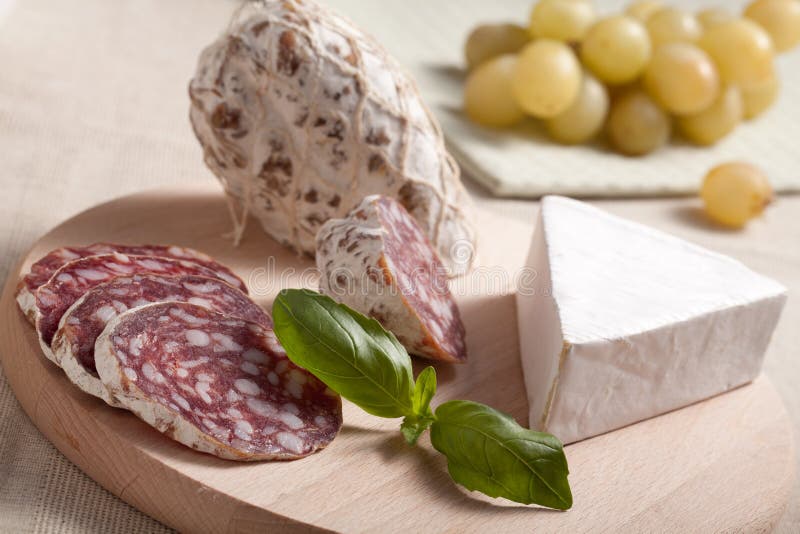 Traditional Salami Cheese Brie, Grapes, Basil Stock Photo Image of