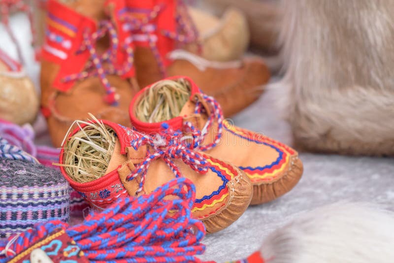 Traditional sami handmade leather footwear made from reindeer hide