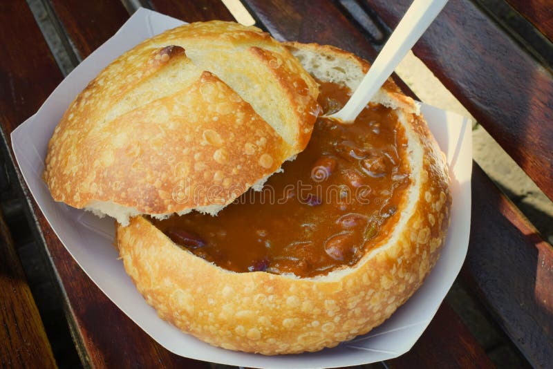 Traditional San Francisco Bread Bowl served on the street royalty free stock image Traditional San Francisco Bread Bowl served on the street royalty free stock image