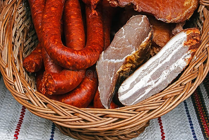 Traditional sausages placed in a wicker basket-2