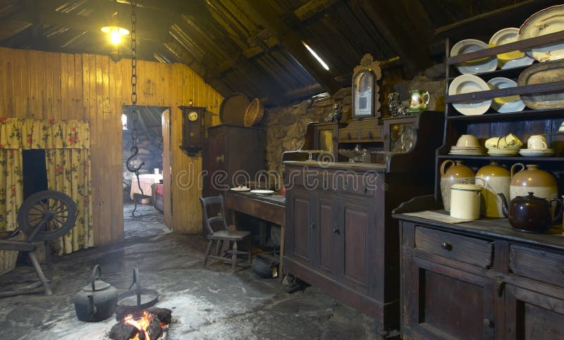 Traditional scottish home interior with peat fire. Lewis isle. U