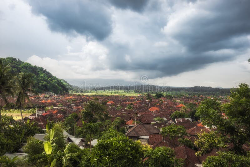 Traditional small Indonesian town village Bugbug city landscape on Bali royalty free stock photos
