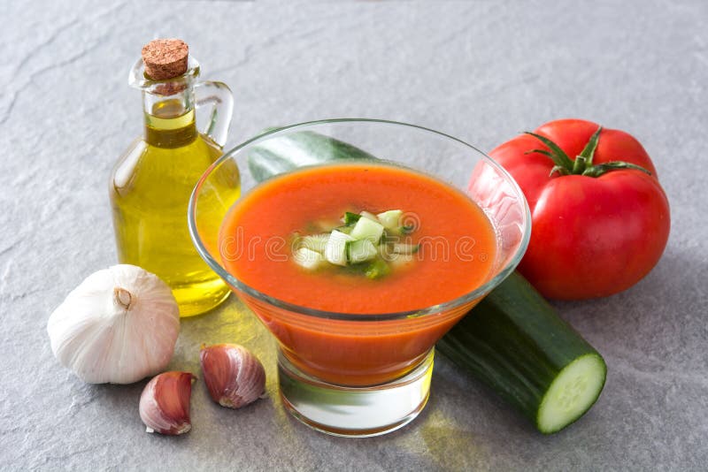 Traditional Spanish Cold Gazpacho Soup and Ingredients Stock Image