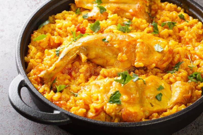 Traditional Spanish Rice Recipe with Rabbit Close-up in a Frying Pan