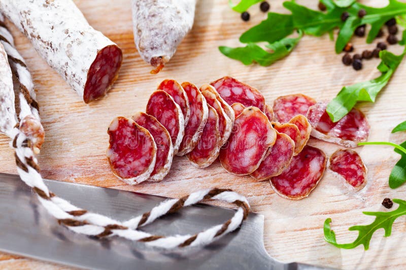 Traditional Spanish Thin Salami Sausage Fuet, Sliced Stock Image