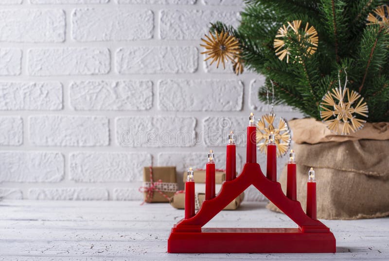 Traditional Swedish Candlestick with Seven Candles Stock Photo Image