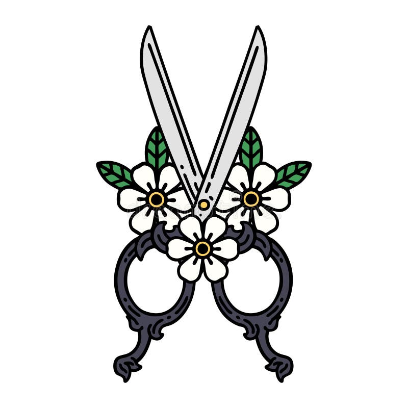 Traditional Tattoo of a Barber Scissors and Flowers Stock Vector