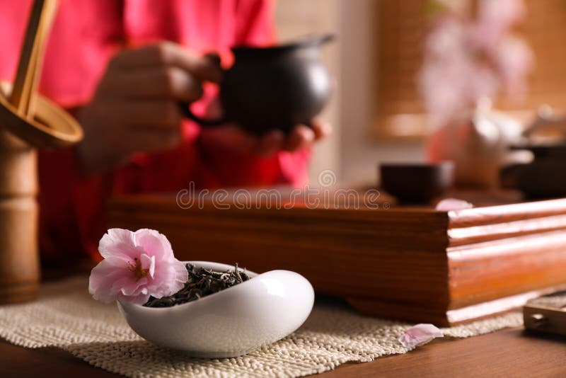 Traditional Tea Ceremony. Master Near Tray with Tools, Closeup Stock
