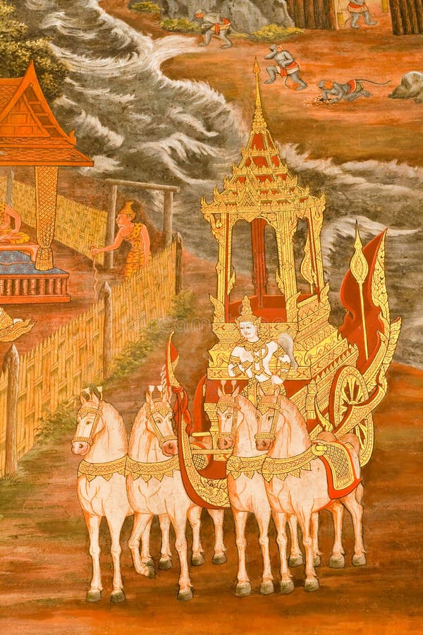 Traditional Thai style painting art on temple wall