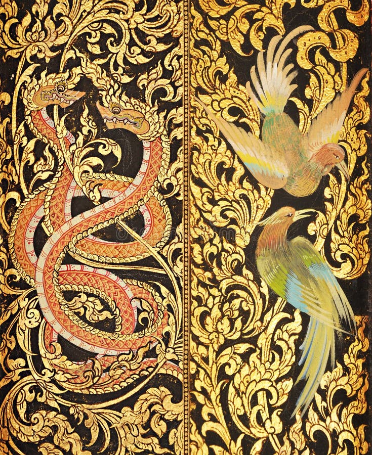 Traditional Thai style painting on temple doors