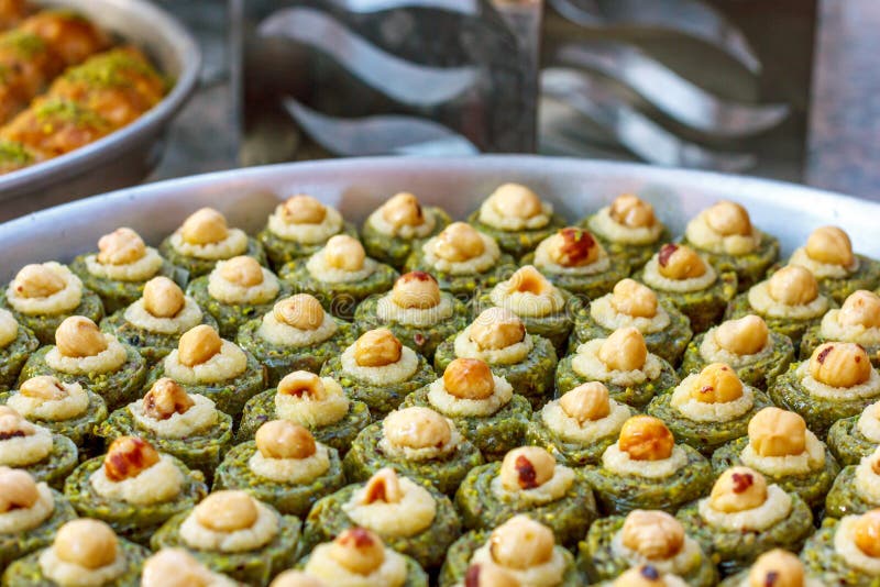 Traditional Turkish baklava sweets in the open buffet in a hotel in Turkey stock photos