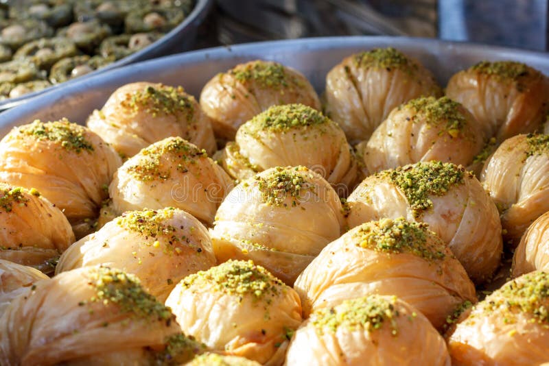 Traditional Turkish baklava sweets in the open buffet in a hotel in Turkey royalty free stock images