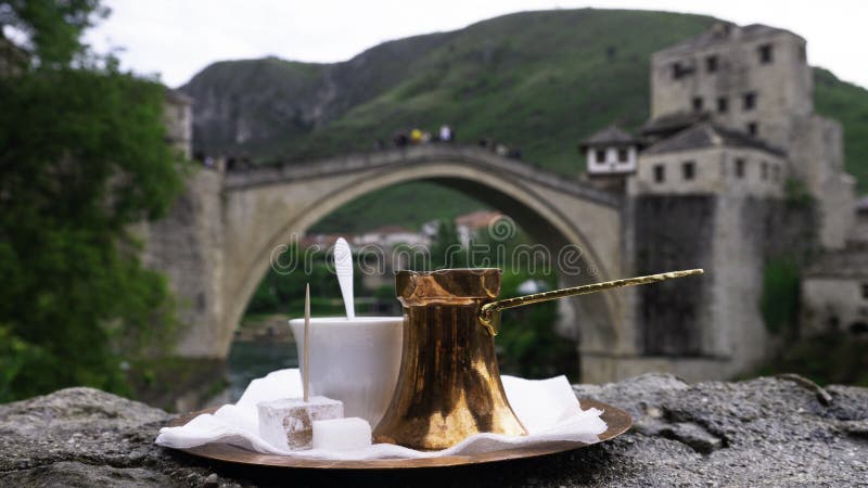 Traditional Turkish Coffee In Front Of Old Bridge In Mostar Stock Image