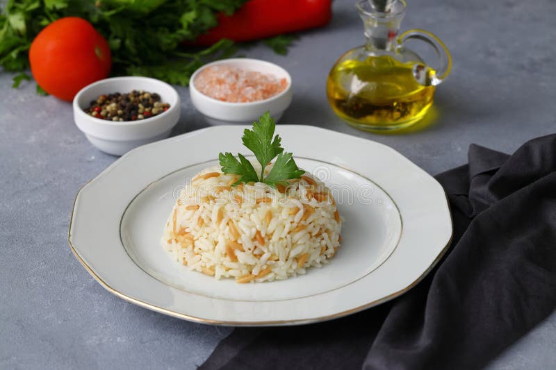Traditional Turkish Rice Pilav. Plain Pilaf Portion Served Stock Photo