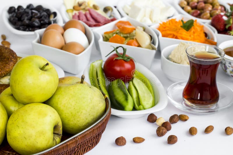 Traditional Turkish Spread Breakfast with Fresh Fruits,boiled Eggs and