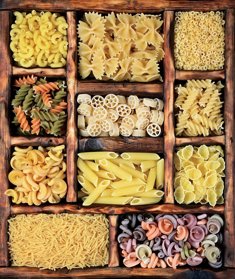 Various Pasta In Wooden Box Stock Image - Image of homemade ...