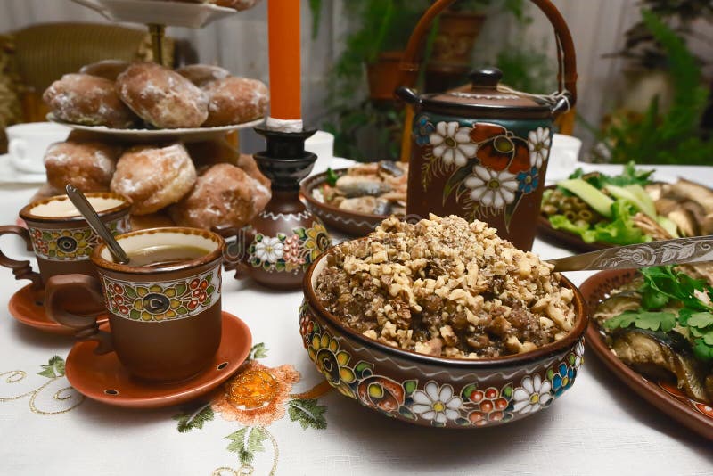 Traditional Ukrainian kutya. Christmas table in Ukraine, twelve meatless dishes. selective focus