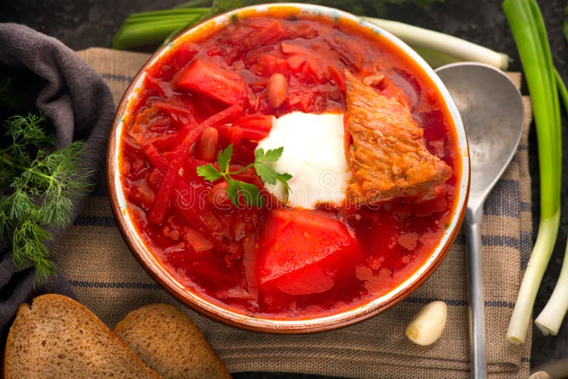 Traditional Ukrainian Russian Borscht. Plate of Red Beet Root Soup