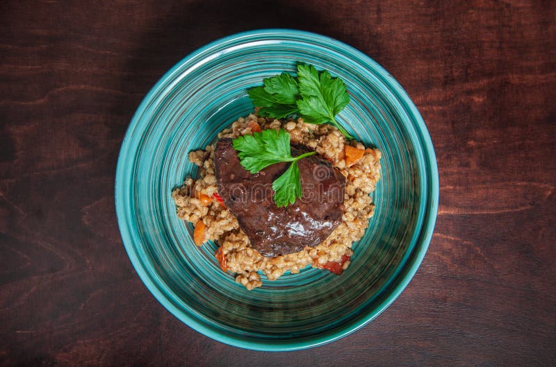 Traditional Veal Cheeks with Pearl Barley. Top View Stock Photo Image