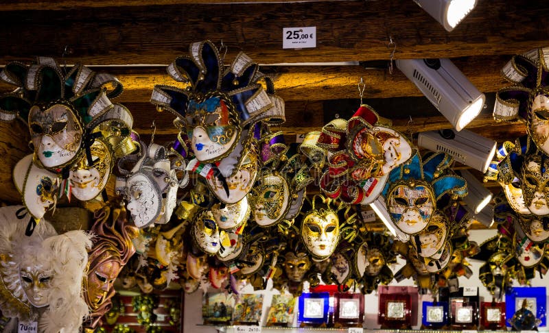 Traditional venetian mask in store on street, Venice Italy stock photo Traditional venetian mask in store on street, Venice Italy stock photo