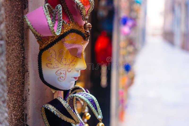 Traditional venetian mask in store on street stock photos Traditional venetian mask in store on street stock photos