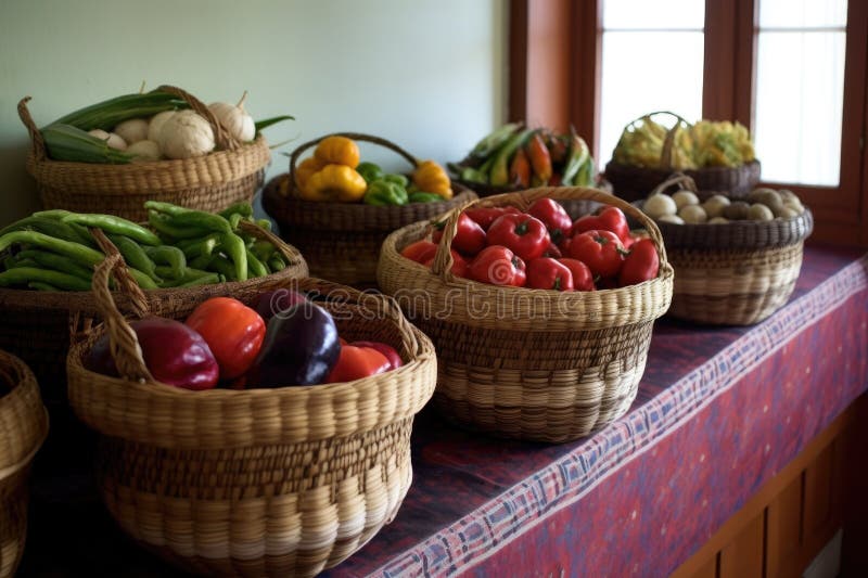 Traditional Woven Baskets Filled with Local Produce Stock Illustration