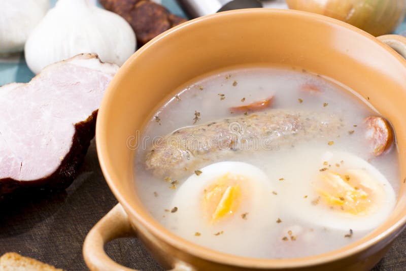Traditional Zurek with Sausage and Egg, White Borscht, Polish Ea Stock