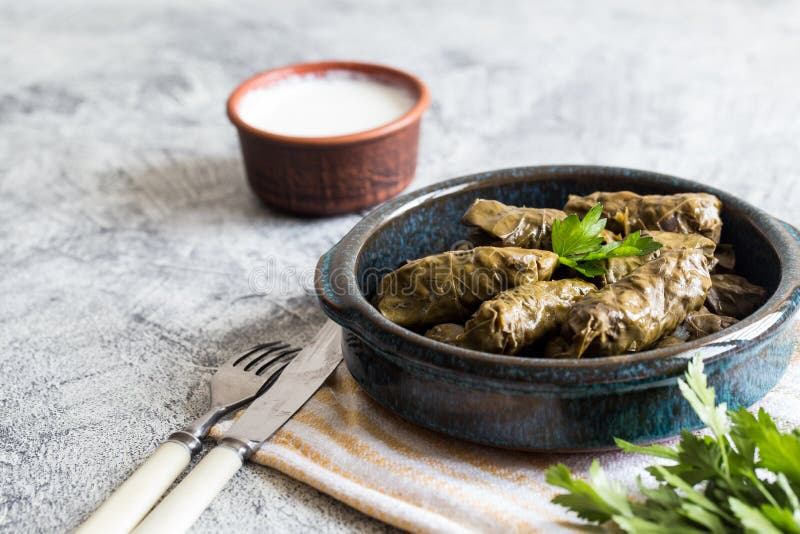 Traditioneel dolmasarma in druivenbladeren met copyspace Libanon: Turkse griekse middenoostelijke keuken Dinner food dolmadakia stock afbeelding Traditioneel dolmasarma in druivenbladeren met copyspace Libanon: Turkse griekse middenoostelijke keuken Dinner food dolmadakia stock afbeelding