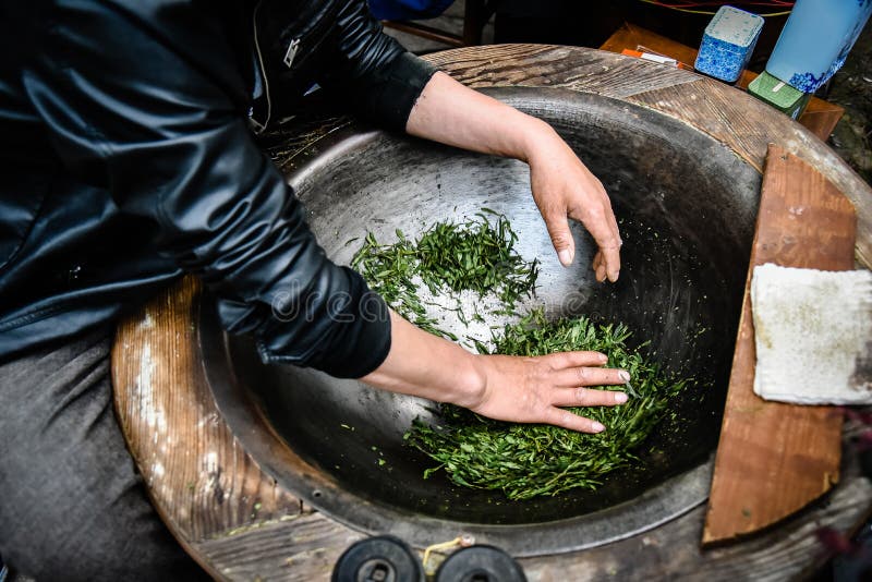 Traditionele thee die Drogende groene thee in panverwerking maken met de hand bij Longjing-Dorp in Hangzhou China royalty-vrije stock afbeeldingen Traditionele thee die Drogende groene thee in panverwerking maken met de hand bij Longjing-Dorp in Hangzhou China royalty-vrije stock afbeeldingen