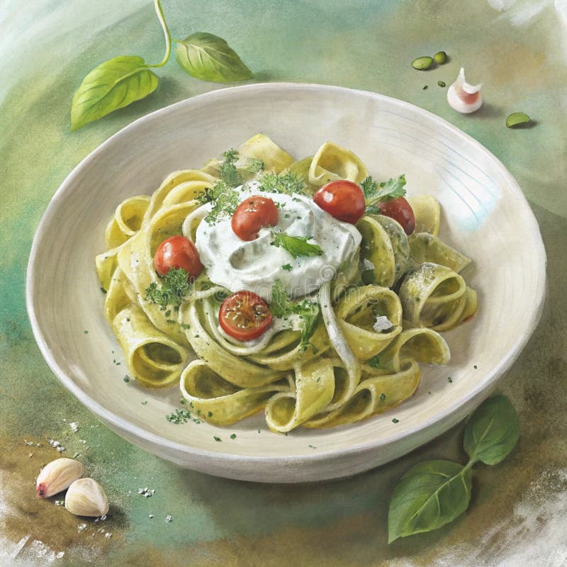 Traditionell italiensk pasta med tomat Alfredo eller pesto sauces stock illustrationer