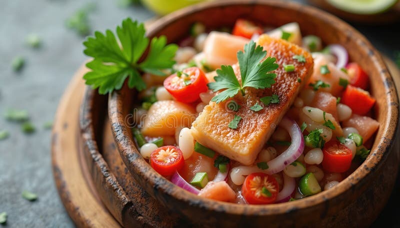 Traditionell peruansk ceviche i träskål. Färsk marinerad fisk i citrusfruktlök tomater cilantro. Havsfodermjöl vektor illustrationer