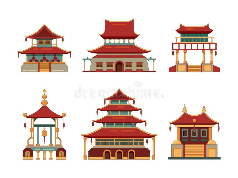 Traditional buildings. Japan and china cultural objects architecture pagoda gate palace heritage vector collection. Chinese building palace, oriental ancient architecture illustration. Traditional buildings. Japan and china cultural objects architecture pagoda gate palace heritage vector collection. Chinese building palace, oriental ancient architecture illustration