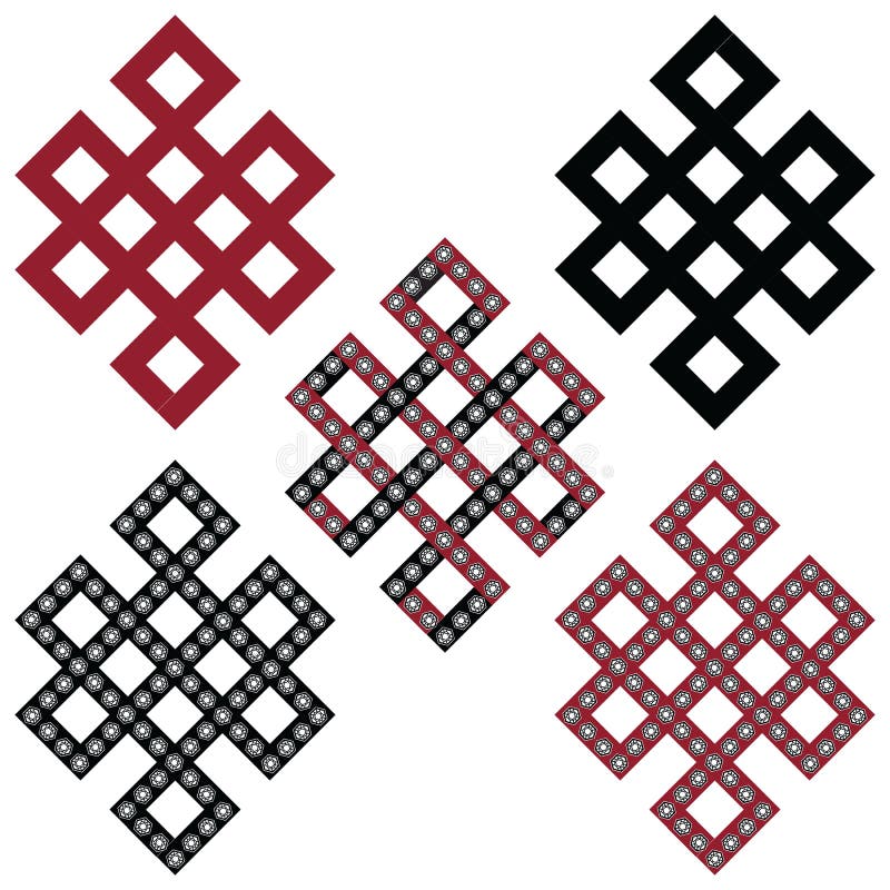 Traditional geometric Oriental Tibetan symmetrical Endless, Eternity Knot zen Auspicious Symbols in black, white and red with diamonds element in tattoo style. Traditional geometric Oriental Tibetan symmetrical Endless, Eternity Knot zen Auspicious Symbols in black, white and red with diamonds element in tattoo style