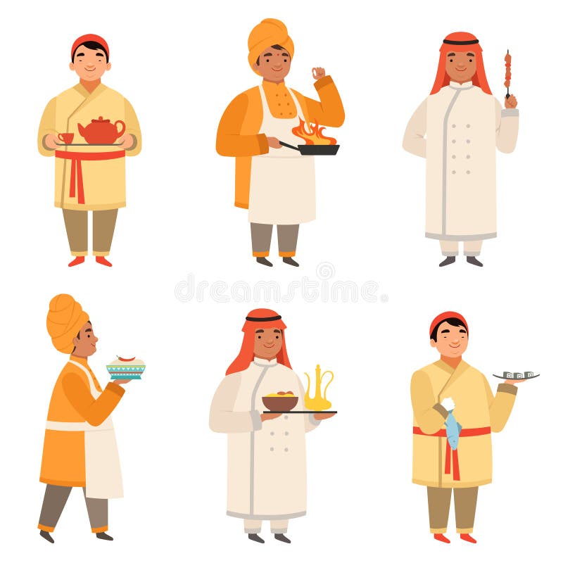 Traditionelle Kochcharaktere Chef an den verschiedenen Nationalitäten asiatisches schwarzes indisches und Araber, der am Küchenve vektor abbildung Traditionelle Kochcharaktere Chef an den verschiedenen Nationalitäten asiatisches schwarzes indisches und Araber, der am Küchenve vektor abbildung
