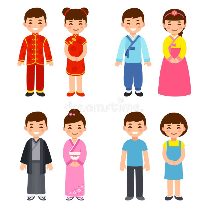 Cute cartoon children in traditional costumes of Asian countries: China, Korea and Japan, and everyday clothes. Vector clip art illustration. Cute cartoon children in traditional costumes of Asian countries: China, Korea and Japan, and everyday clothes. Vector clip art illustration.