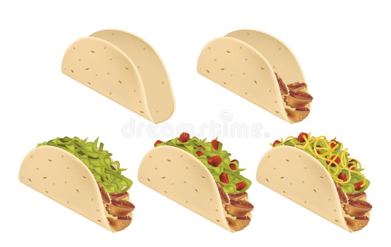 Traditioneller mexikanischer Taco Stadien der Vorbereitung lizenzfreie abbildung Traditioneller mexikanischer Taco Stadien der Vorbereitung lizenzfreie abbildung