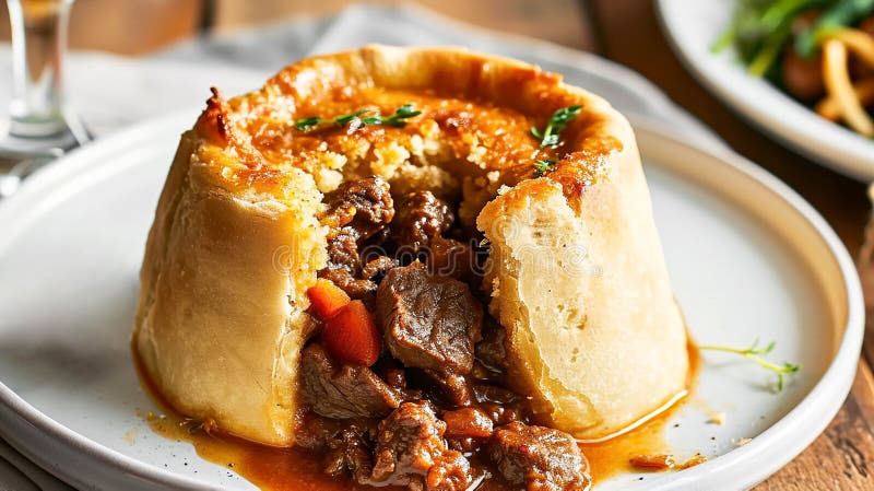 Traditionelles britisches Steak und Nierenpudding in süßem Gebäck mit Gravur auf einem Teller serviert. köstliches Komfort-Essen vektor abbildung