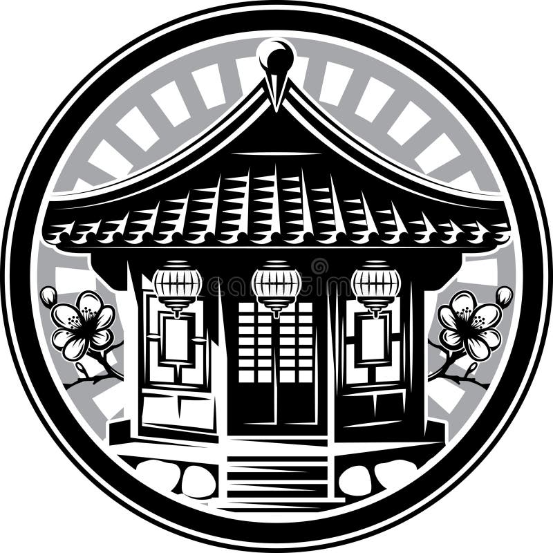 Traditionellt japanskt tempel med Lanternor och Cherry Blossoms i en cirkulär ram stock illustrationer