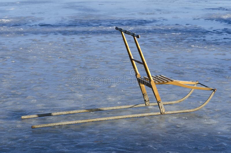 Traditional Scandinavian kicksled called spark for use on snow and ice for transportation. Traditional Scandinavian kicksled called spark for use on snow and ice for transportation.