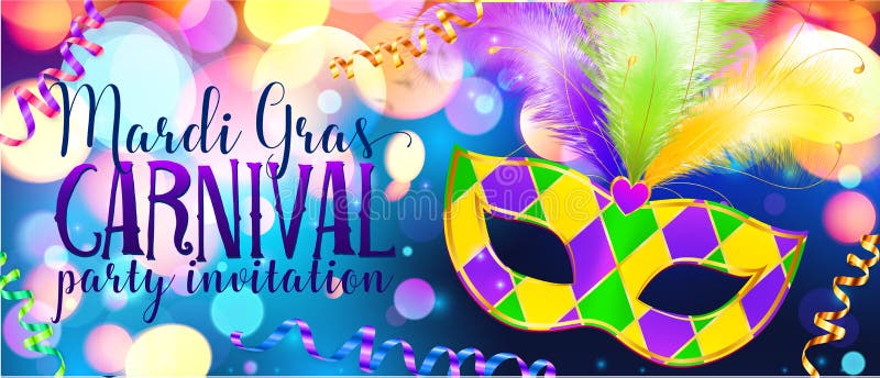 Traditonal colors carnival mask on shining bokeh lights, Mardi Gras invitation banner template