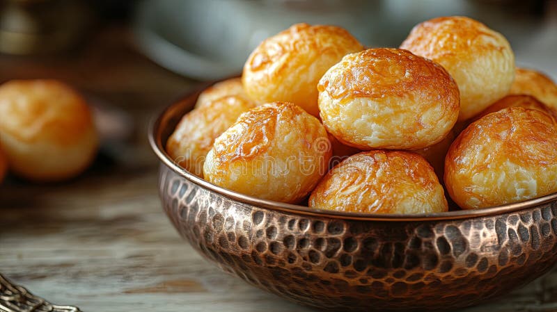 Tradițional Copper Bowl cu cartofi copți pe suprafața ușoară a lemnului royalty free stock images
