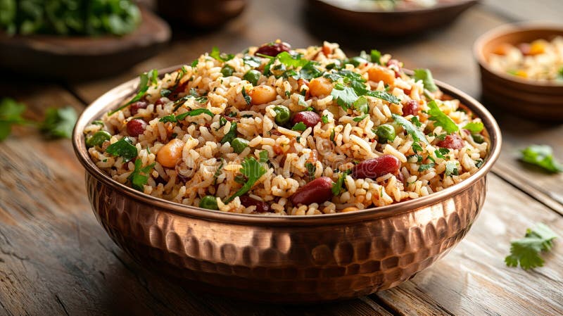 Tradițional Copper Bowl cu Rajma Chawal pe suprafață din lemn deschis stock images
