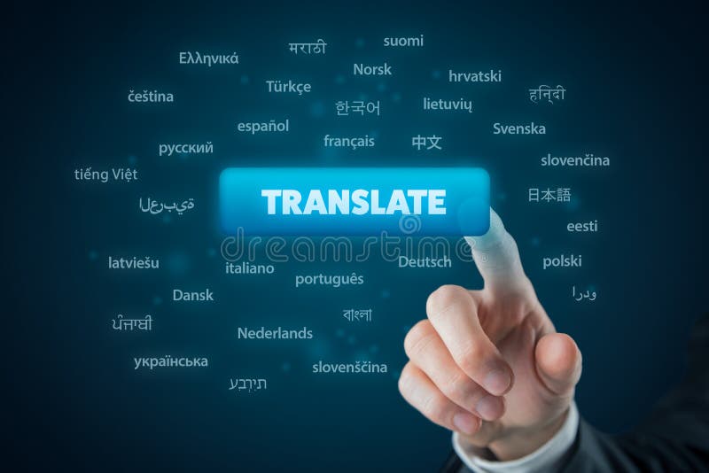 Online translator and language e-learning course concept. Computer user press button with text translate and most important world languages. Online translator and language e-learning course concept. Computer user press button with text translate and most important world languages.