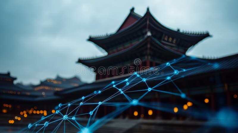 Tradycyjna architektura pałacu wschodniego połączona z nowoczesną technologią sieci cyfrowej ilustracja wektor
